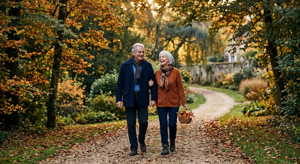 Couple de seniors serein dans un jardin arboré