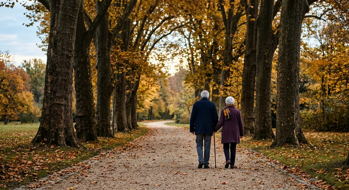 Allée arborée d'un parc français, lumière douce d'automne
