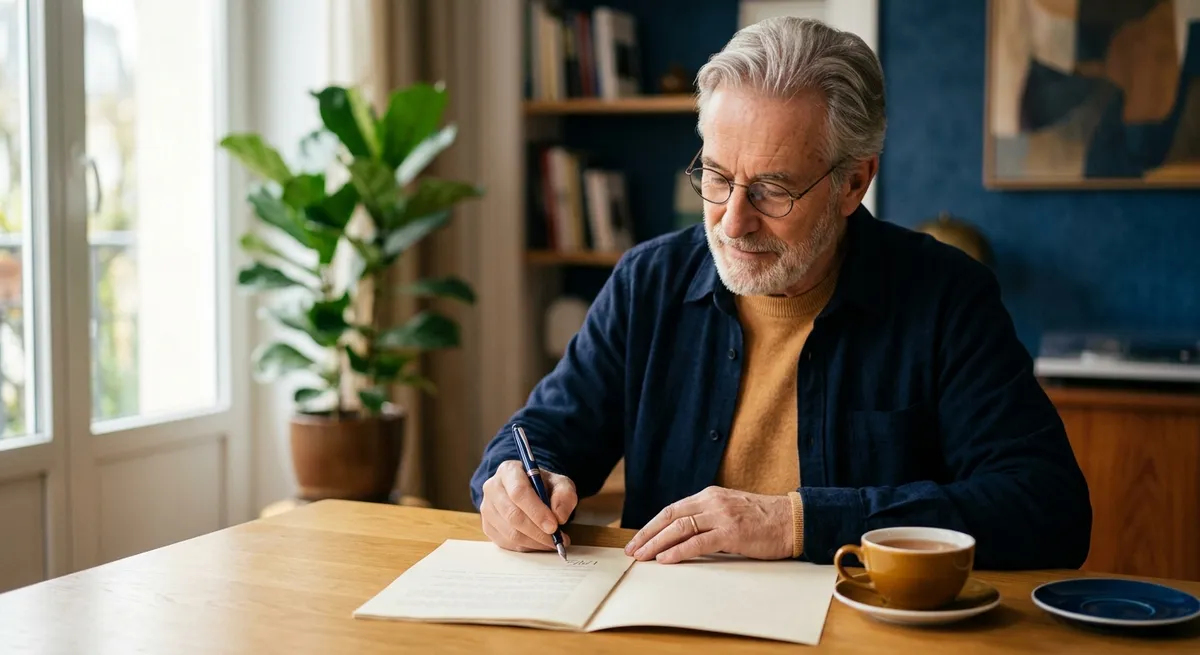 Senior signant un document sereinement