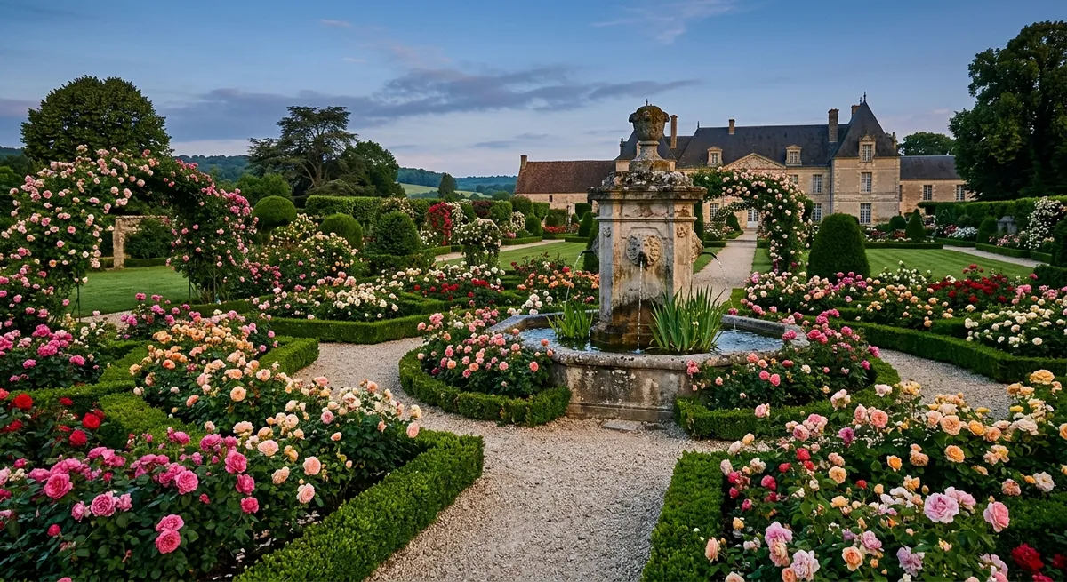 Roseraie et fontaine en pierre dans un jardin à la française au matin