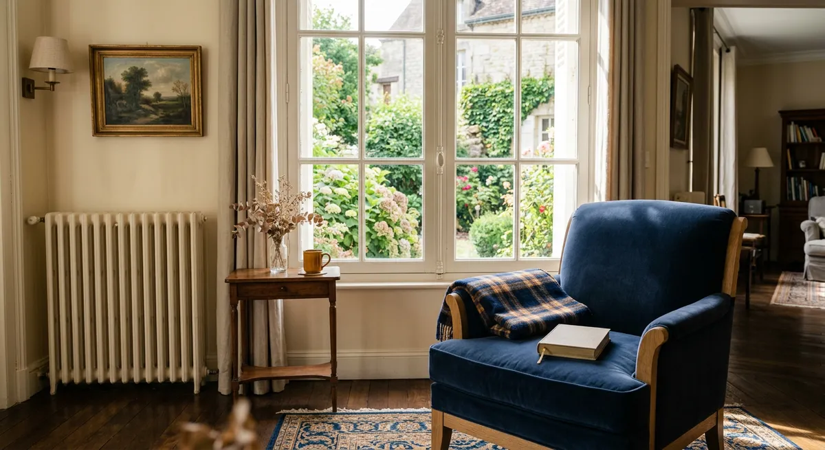 Salon lumineux avec fauteuil près d'une fenêtre donnant sur un jardin