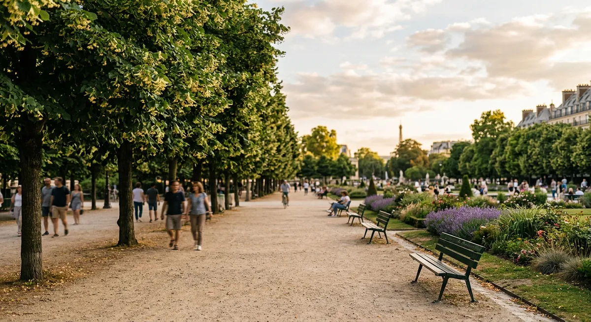 Allée arborée d'un parc urbain français en fin d'après-midi