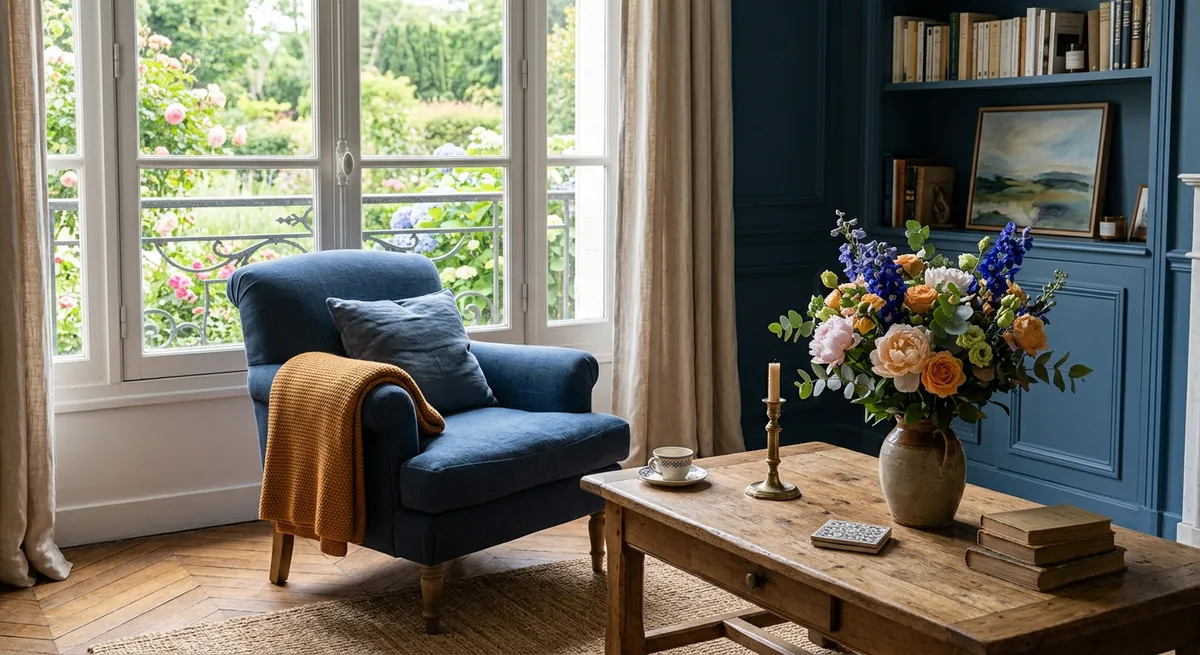 Salon lumineux et apaisant avec fauteuil près d'une fenêtre ouverte sur un jardin