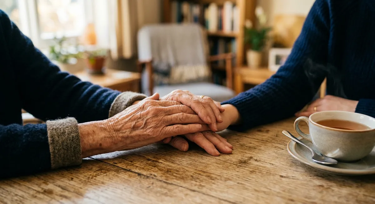 Mains de deux générations réunies sur une table en bois, dans une lumière douce