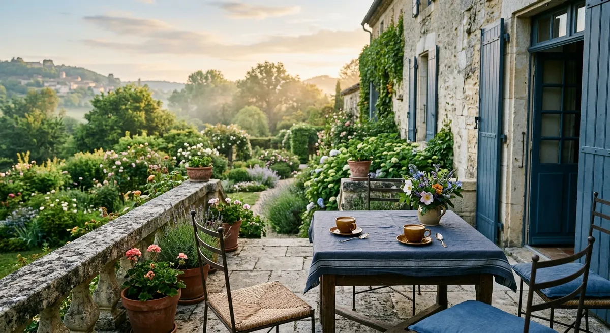 Terrasse en pierre ouvrant sur un jardin verdoyant au petit matin